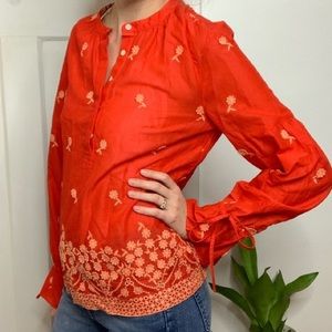 Red and orange blouse top embroidered flowers